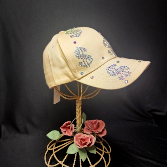 Aroura Borealis Rhinestone Dollar Sign Beige Baseball Cap - Picture 1 of 14